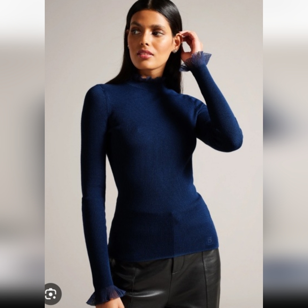 TED BAKER London Dvana frill-embellished stretch-knit Sweater Blue Size 2 or US6